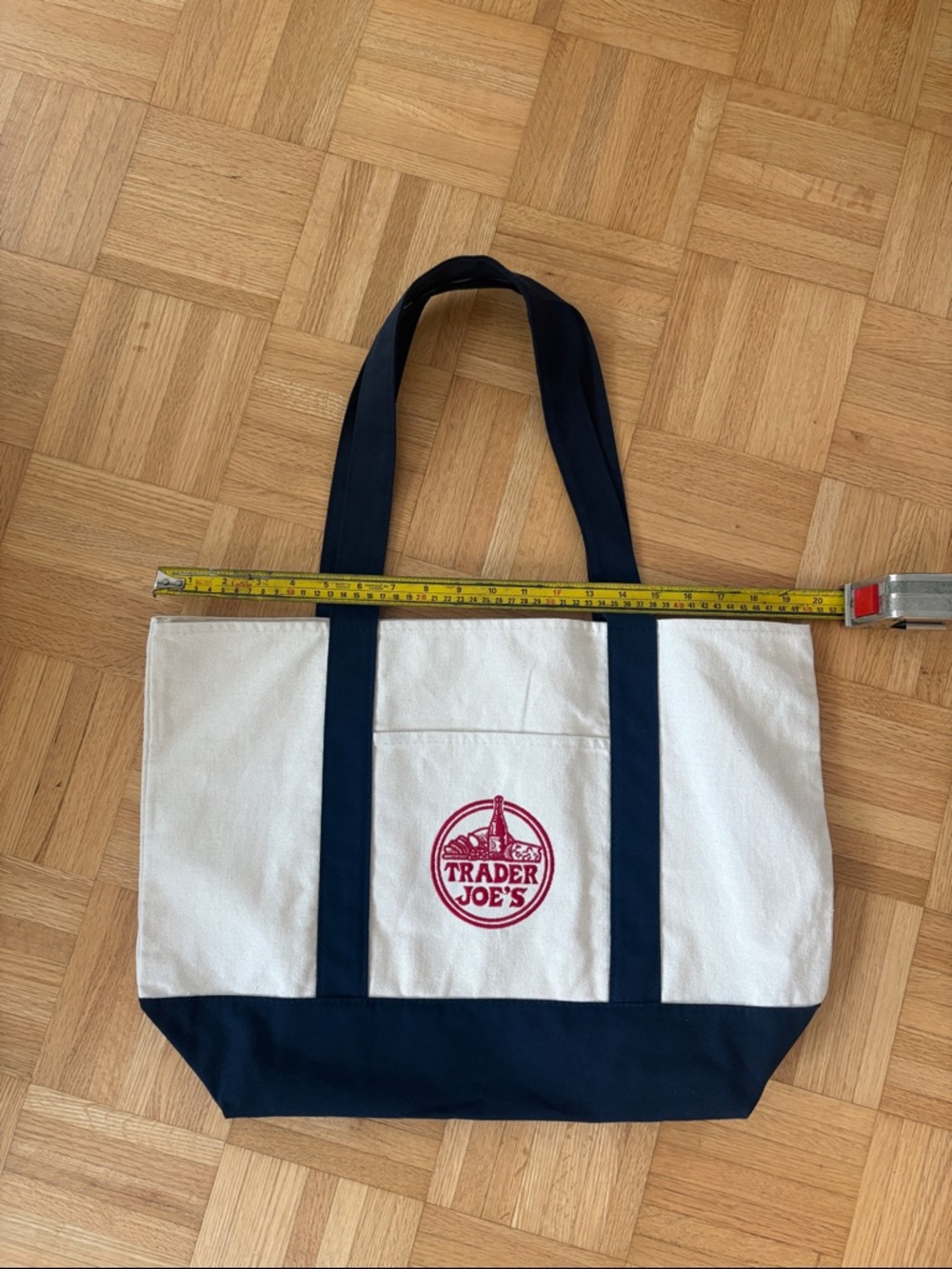 Trader Joe's Canvas Tote Bag in Cream and Navy with Red Logo - Picture 2 of 2